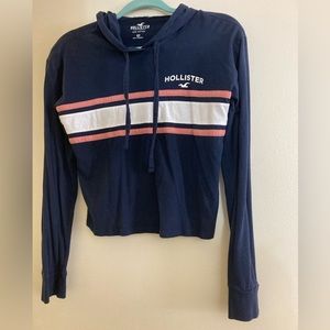Hollister Hooded Long Sleeve Cropped Top Navy Blue w/Pink and White Stripes XS